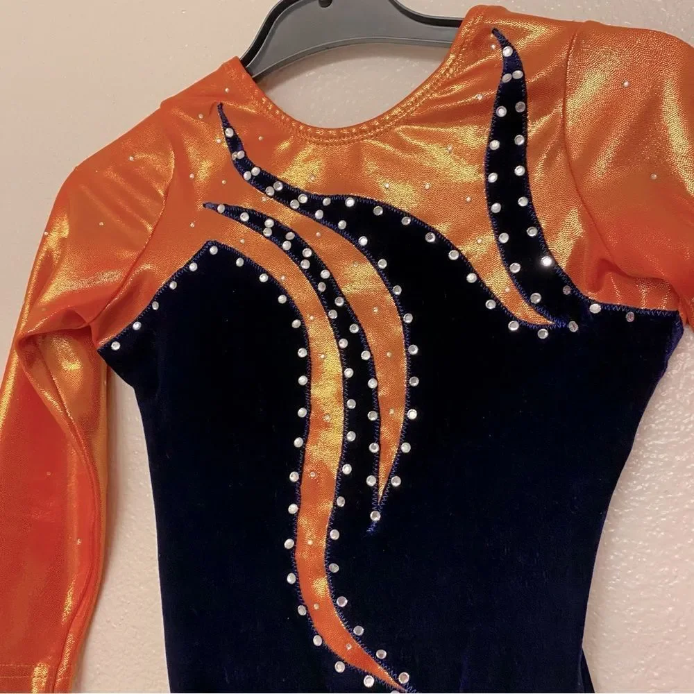 Alpha Factor Gymnastics Competition Leotard 3/4 rhinestone orange blue velvet CL